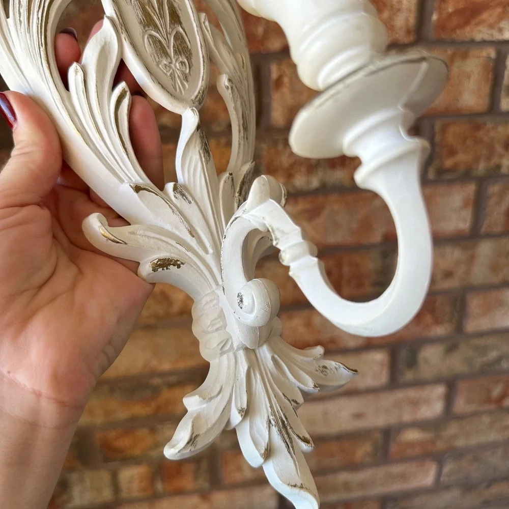 Vintage Syroco Style White Gold Ornate Scroll Wall Sconce Candle Holder Set of 2